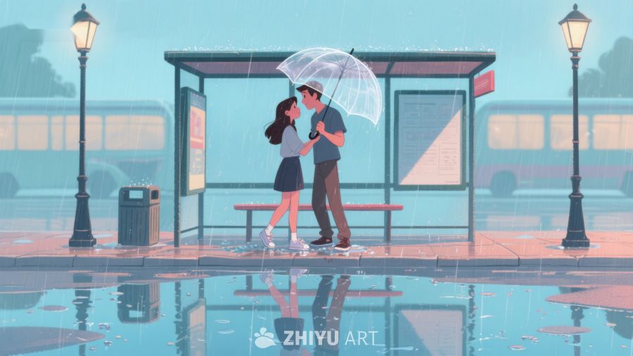 雨中公交站的浪漫邂逅 614