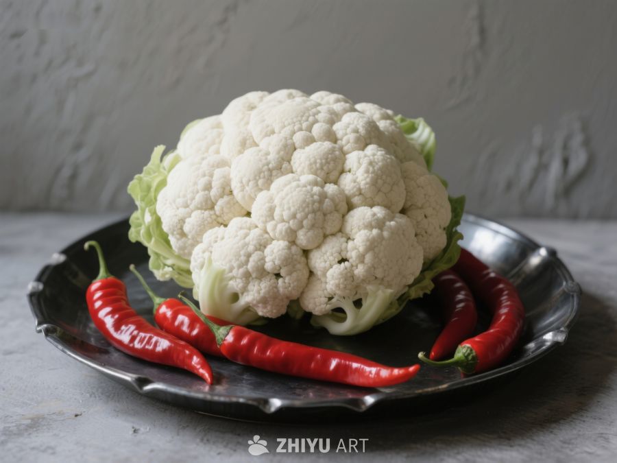 新鲜花椰菜与红辣椒盘中展示 237