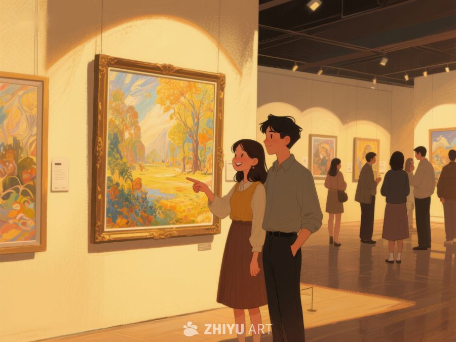 美术馆内两人欣赏风景画 479