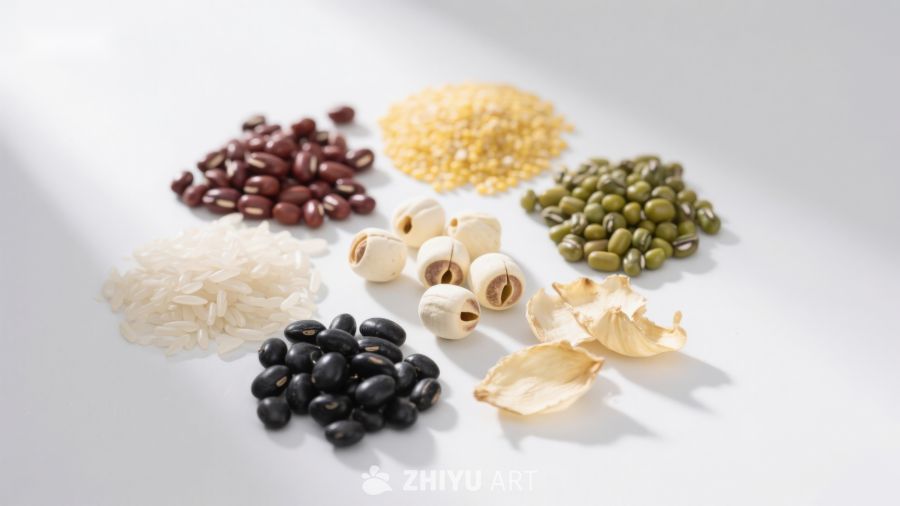 多种谷物与豆类的静物展示