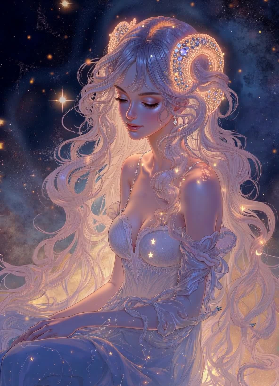 在星空背景下，一位女性角色形象展现。她有着长长的银