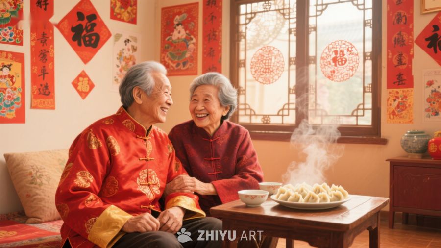 老夫妇欢庆春节，共享热腾腾饺子 607