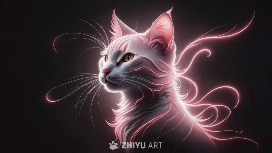 一只猫的轮廓在黑色背景上用粉色线条勾勒出来。画面呈