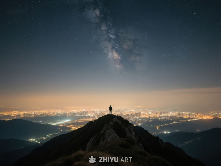 山顶夜景，一人仰望星空 136