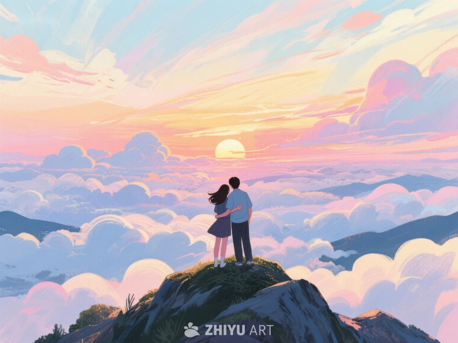 山顶情侣眺望云海日落 638