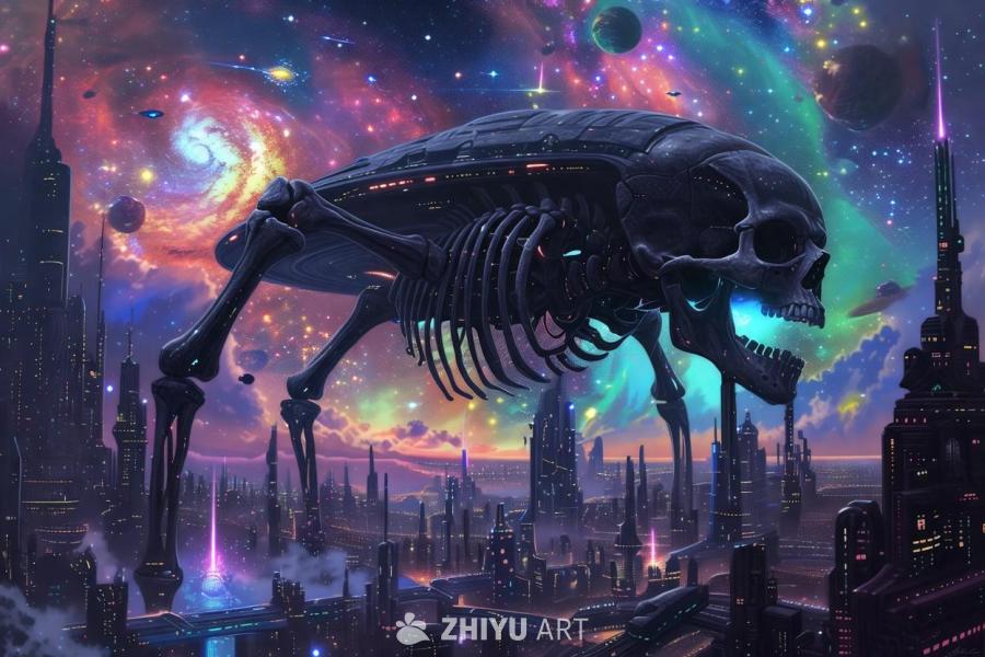 在浩瀚的宇宙中，一座城市建立在一个巨大的、古老的黑