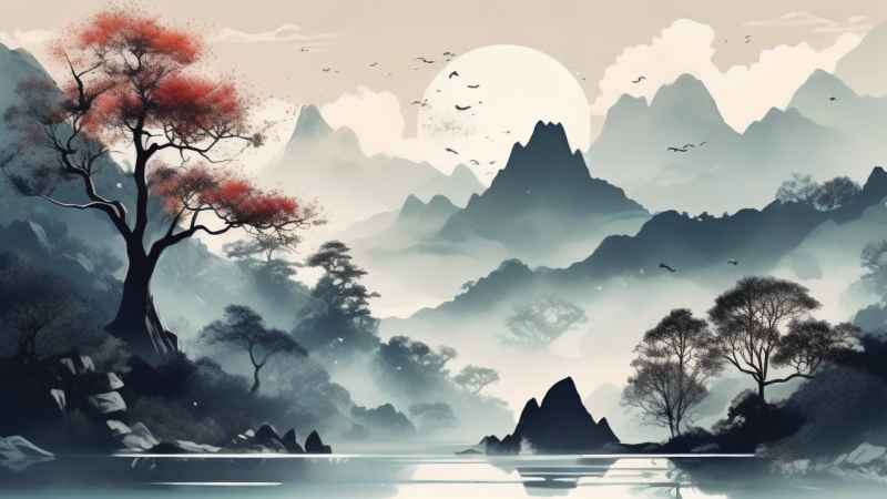 国风水彩画山水风景插画 82