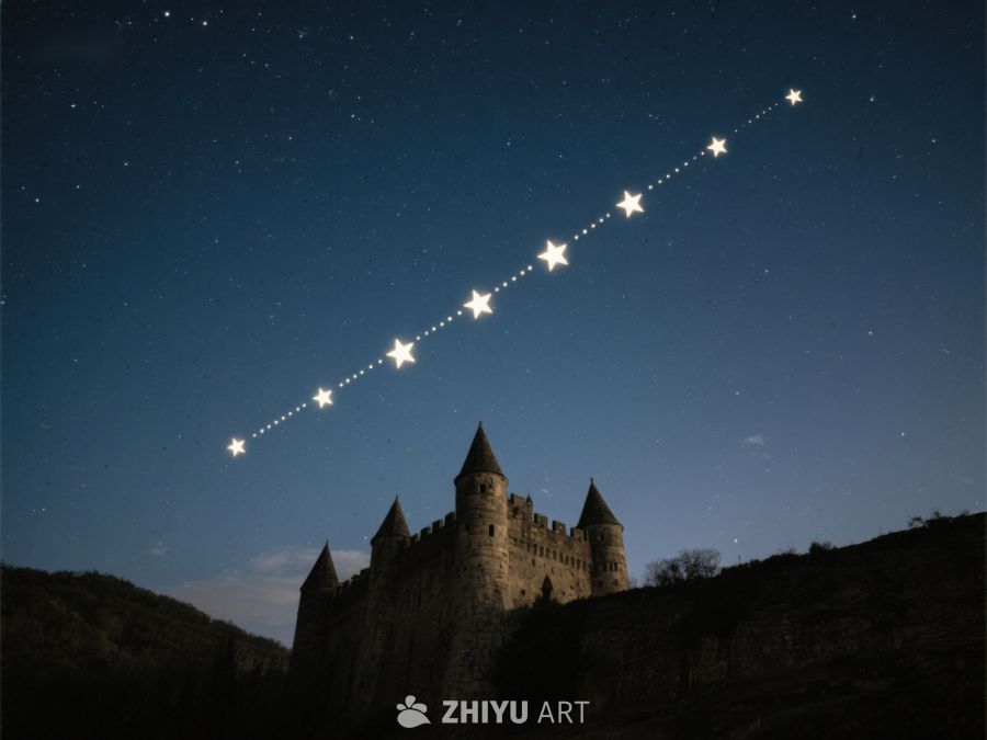 夜空下的古堡与星光轨迹 289