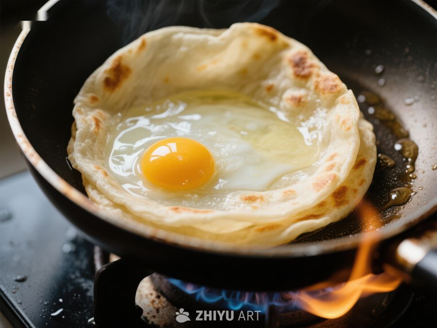 煎锅中的蛋饼美食 392