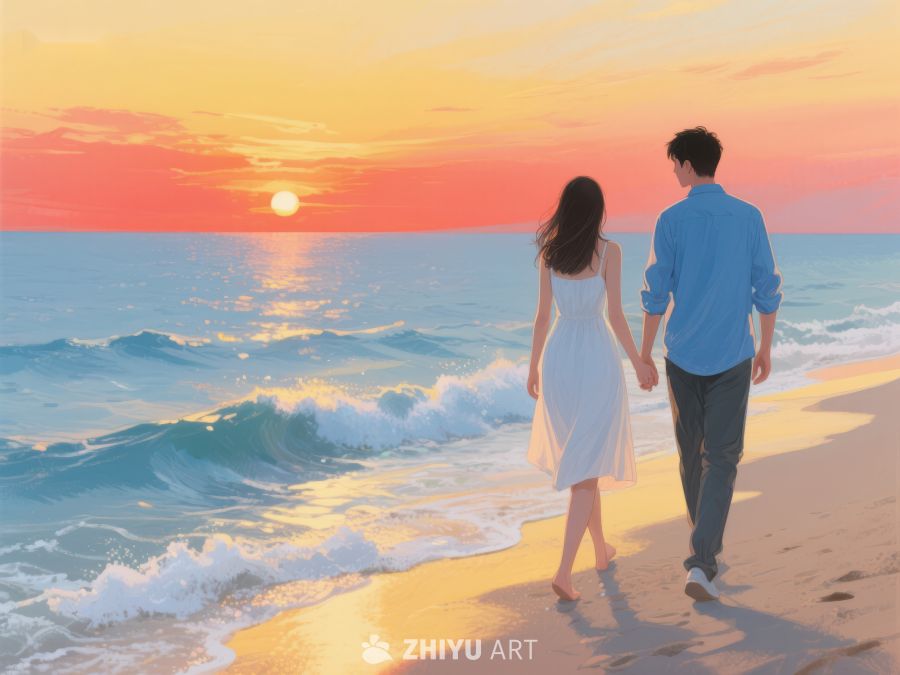 情侣海边漫步夕阳 504