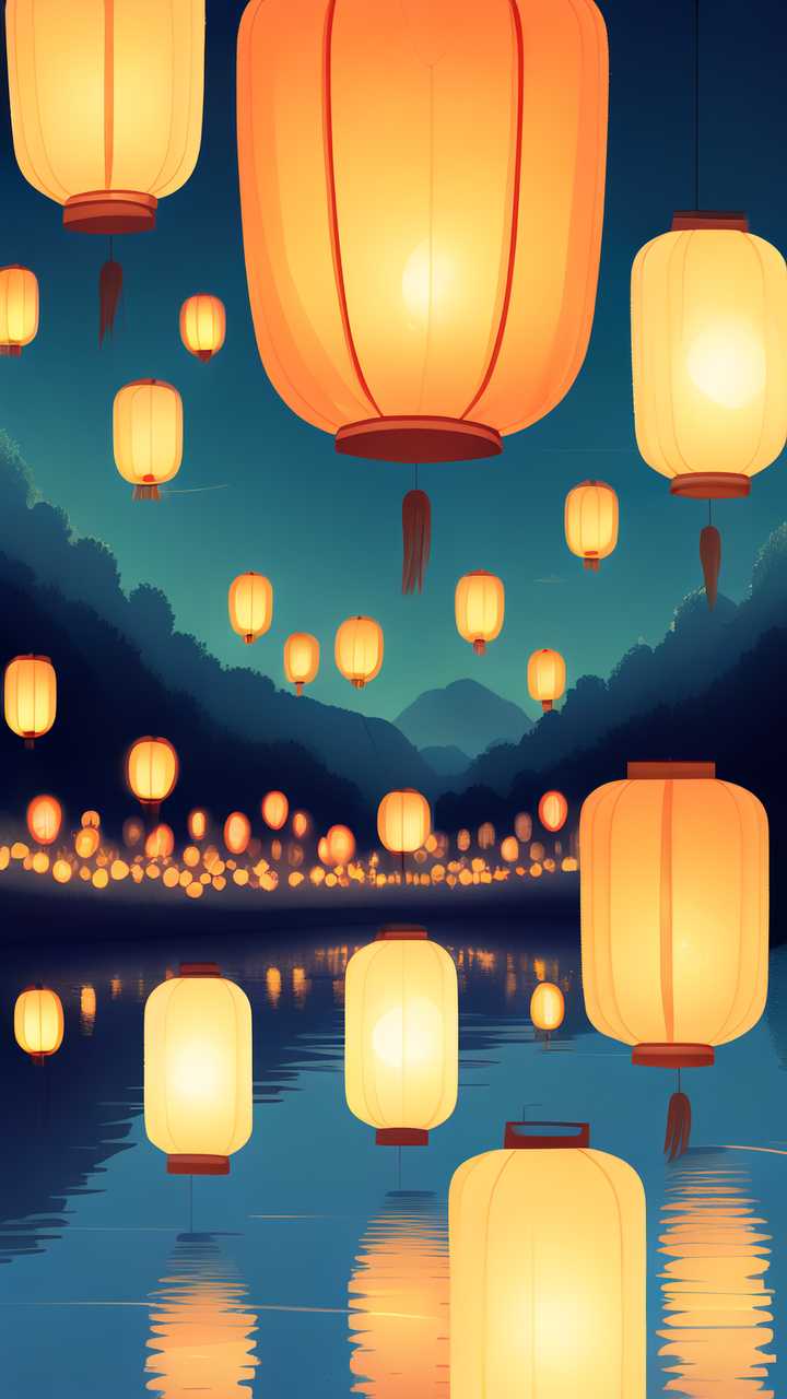 唯美中元节河灯原创插画素材背景