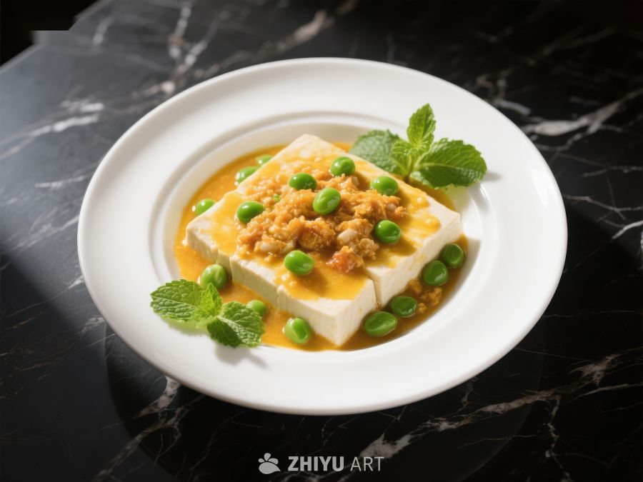 精致豆腐配青豆与香草装饰 400