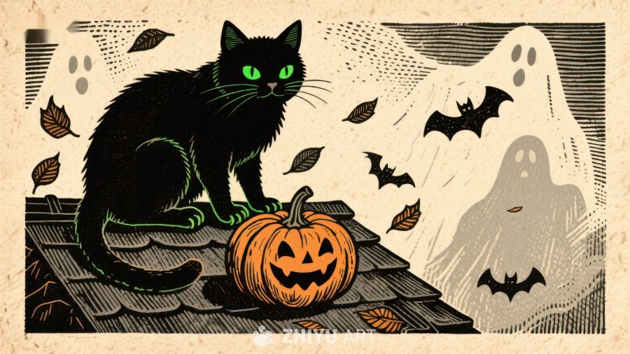 万圣夜屋顶上的黑猫与南瓜灯