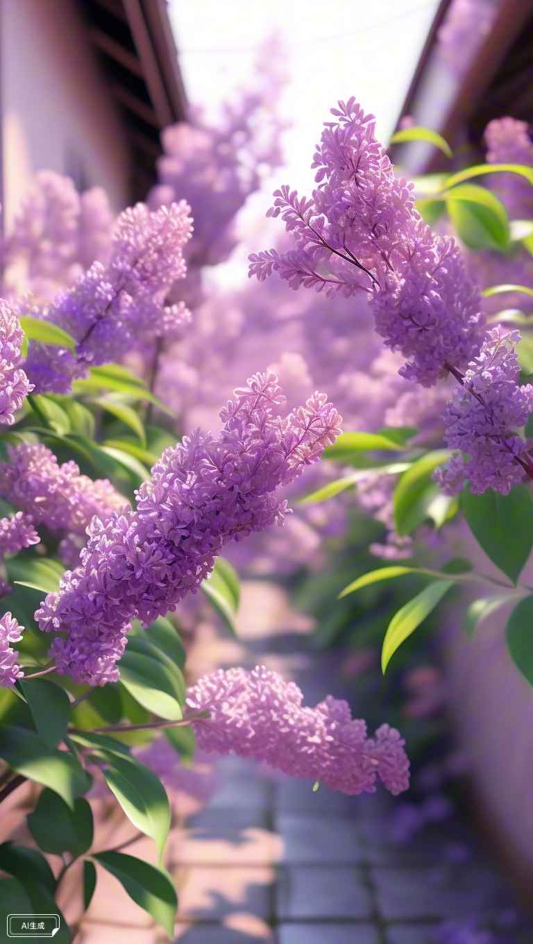 紫色的丁香花在小巷中绽放，香气四溢 2