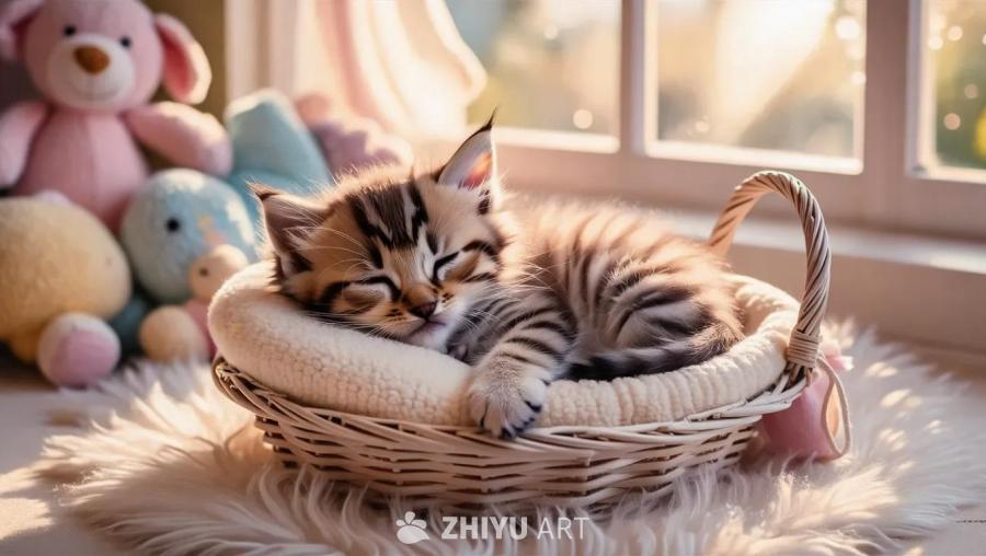 一只虎斑小猫在篮子里睡觉，篮子放在毛茸茸的地毯上，