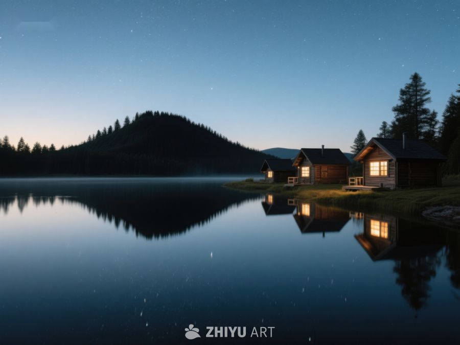 湖畔木屋夜景，星光倒映水面 31