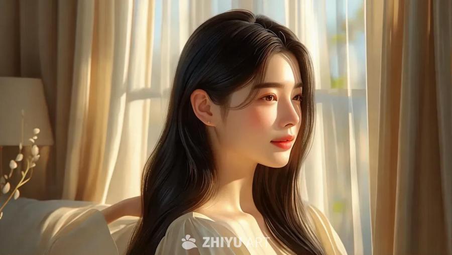 柔和光线下，一位长发飘逸、发色深黑的女子出现在室内