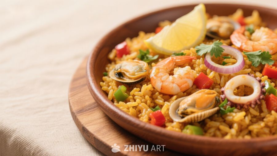 海鲜饭配柠檬与蔬菜