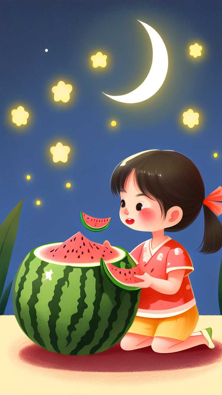 夜晚女孩吃西瓜插画