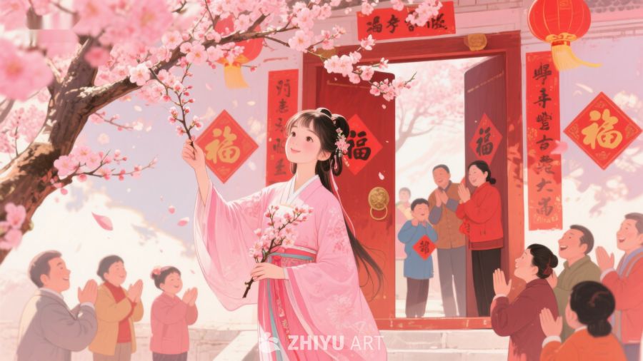 新春佳节，女子手捧福字迎宾客 108