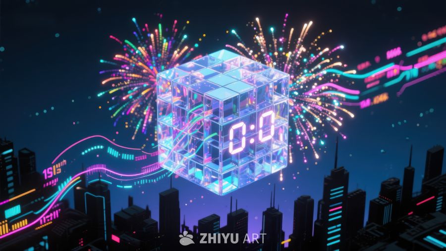 未来城市夜景中的数字立方体 570