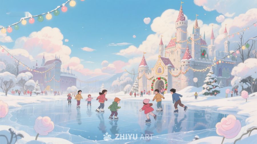 冬日城堡前的滑冰场景 8