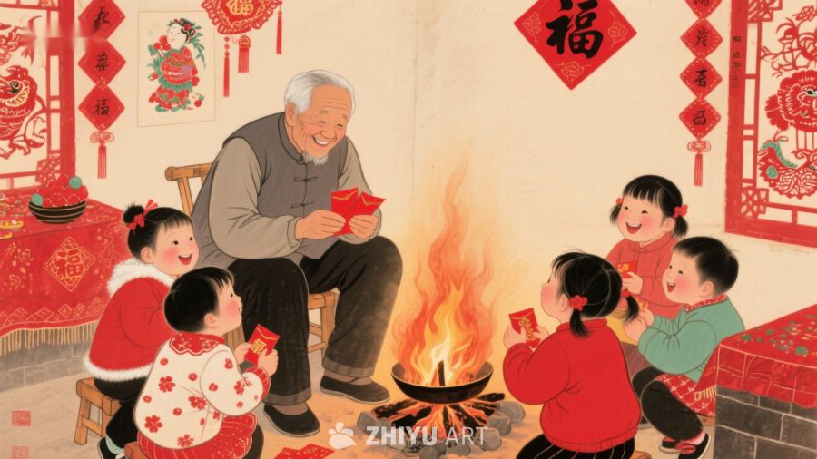 围炉守岁，长辈分发红包 879