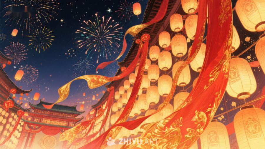 夜空下的灯笼与烟花 877