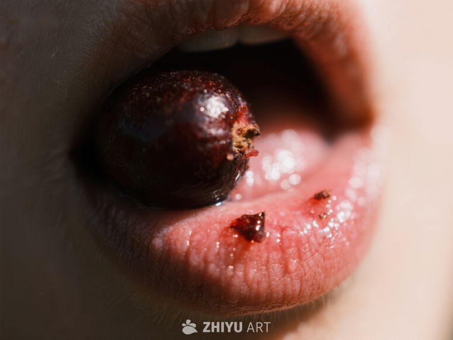嘴唇轻咬红色浆果的特写 829