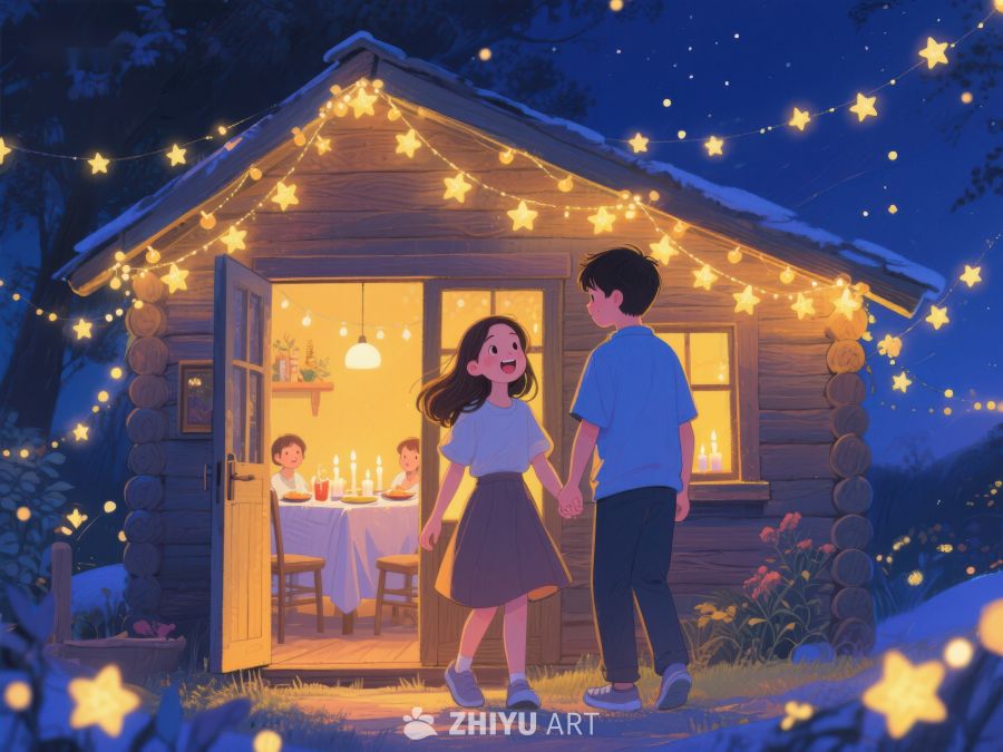 温馨小屋夜景，家人共聚晚餐 797