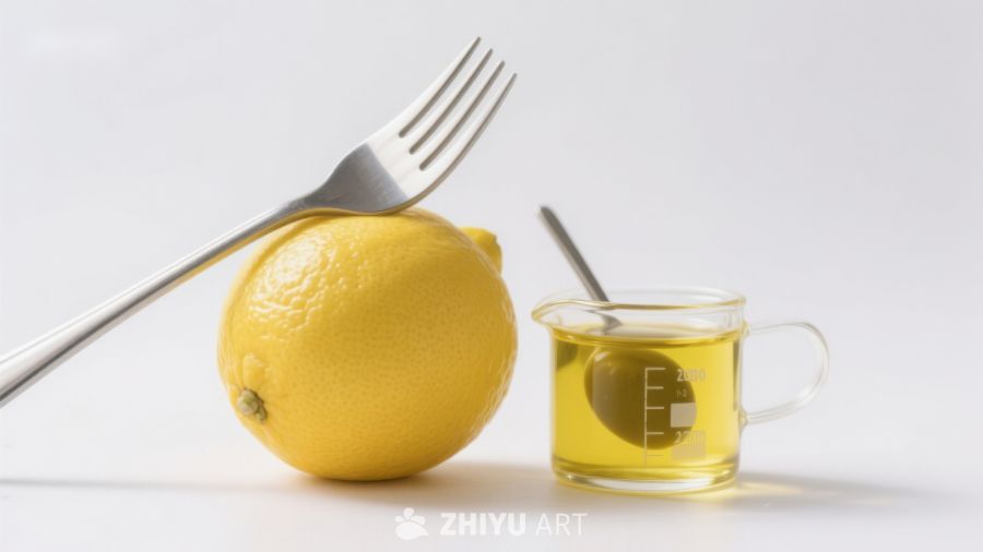 柠檬与油杯的静物组合
