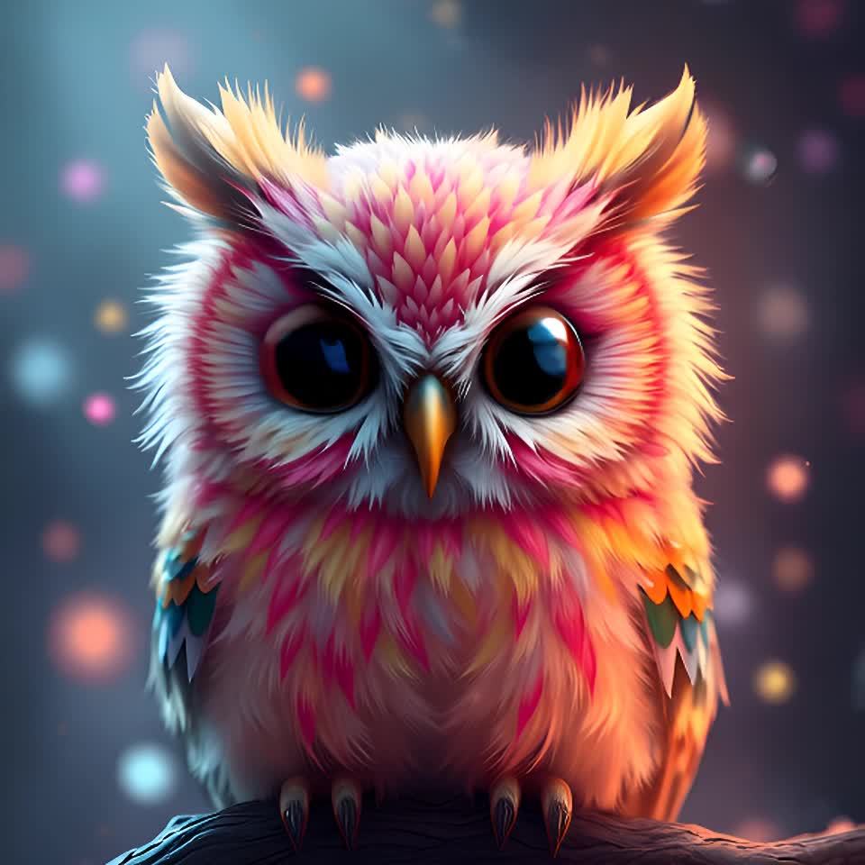 一只猫头鹰幼崽栖息在树枝上，它有着粉色和白色的羽毛