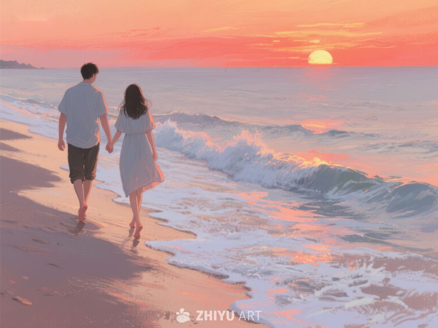 情侣牵手漫步夕阳海滩 560