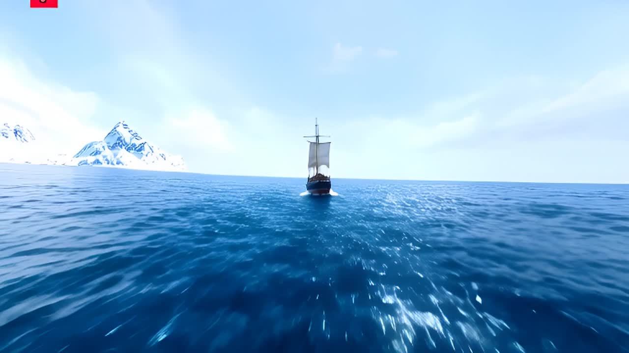 一艘帆船在海面上行驶，远处有一座覆盖着积雪的山峰。