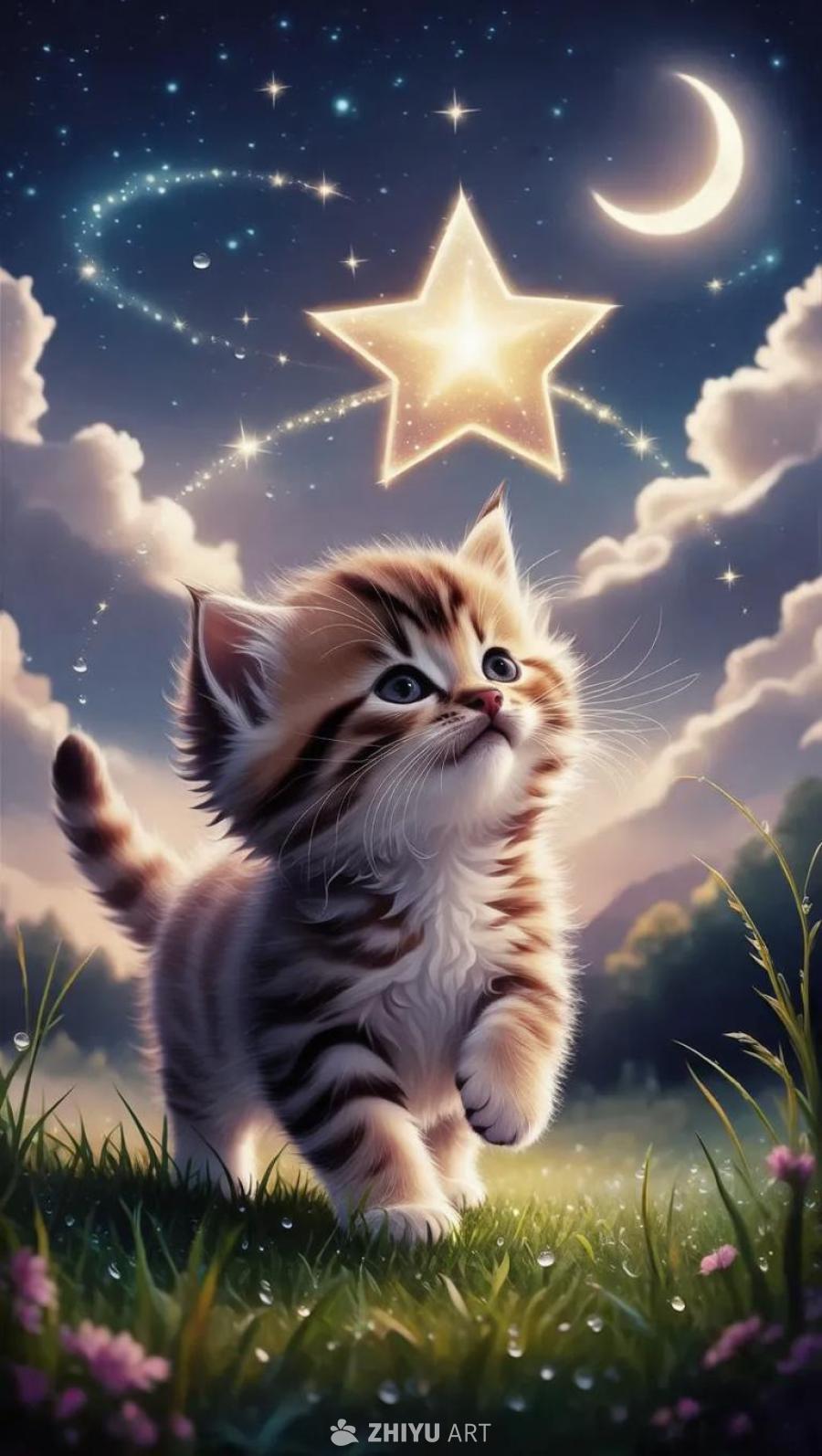一只小猫站在草地上，抬头望向天空中的星星和月亮。天