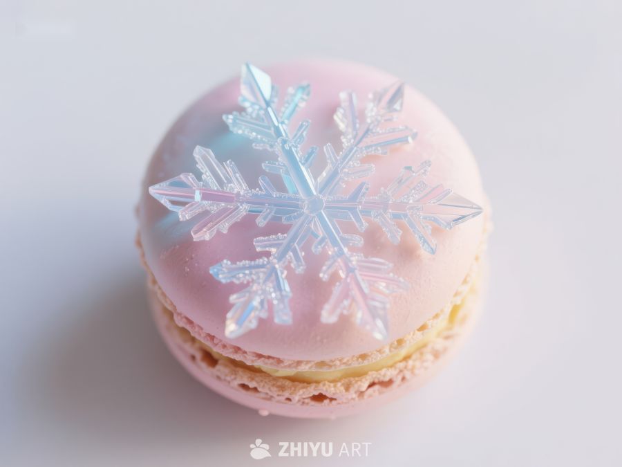 粉色马卡龙上的雪花装饰
