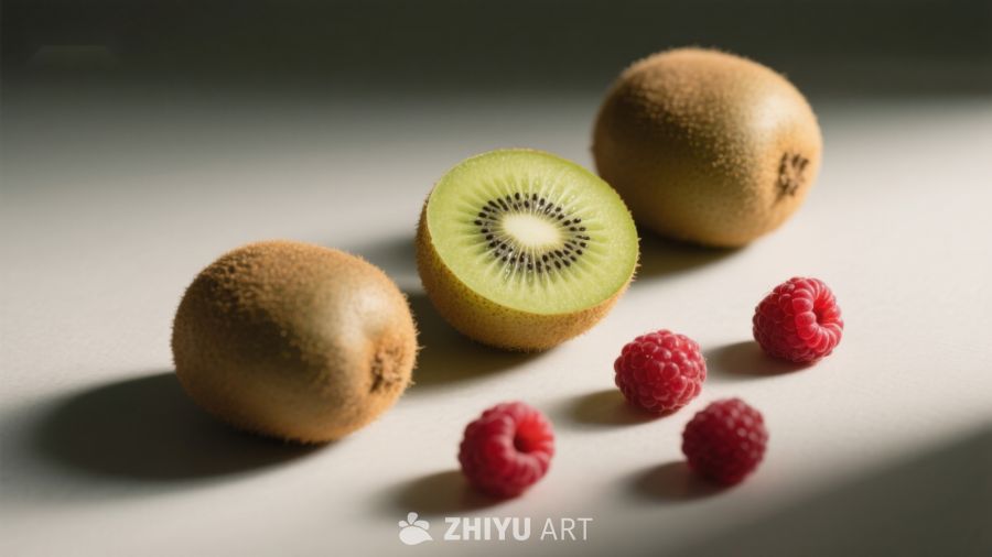新鲜猕猴桃与覆盆子的静物组合