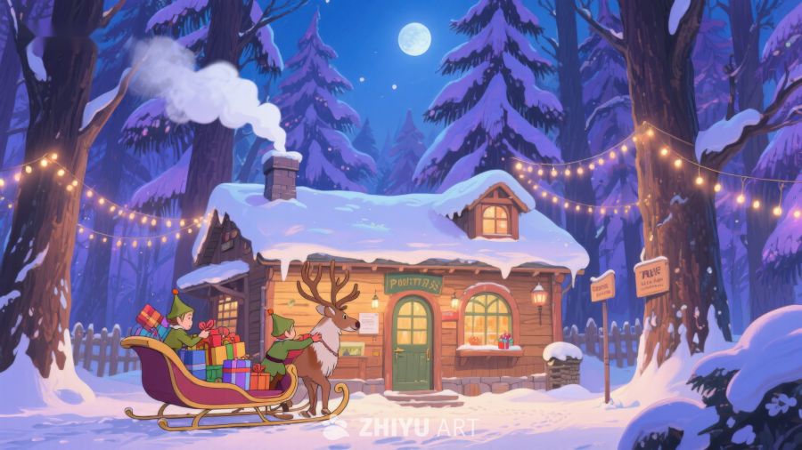 雪夜小屋与礼物雪橇 412