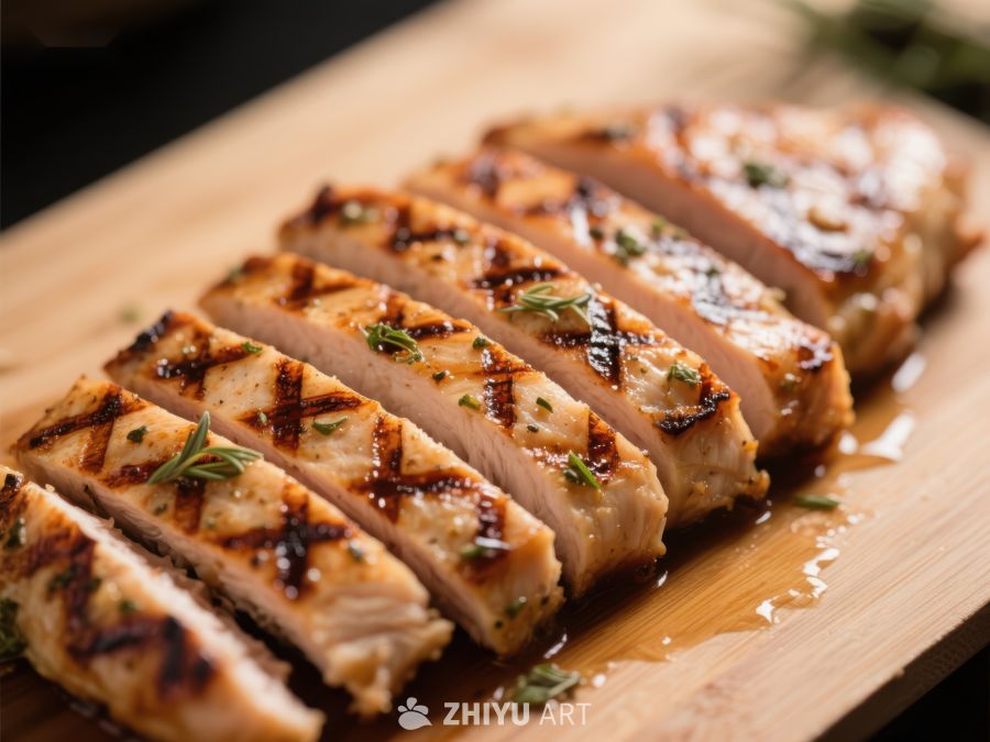烤制鸡肉切片，淋汁摆盘