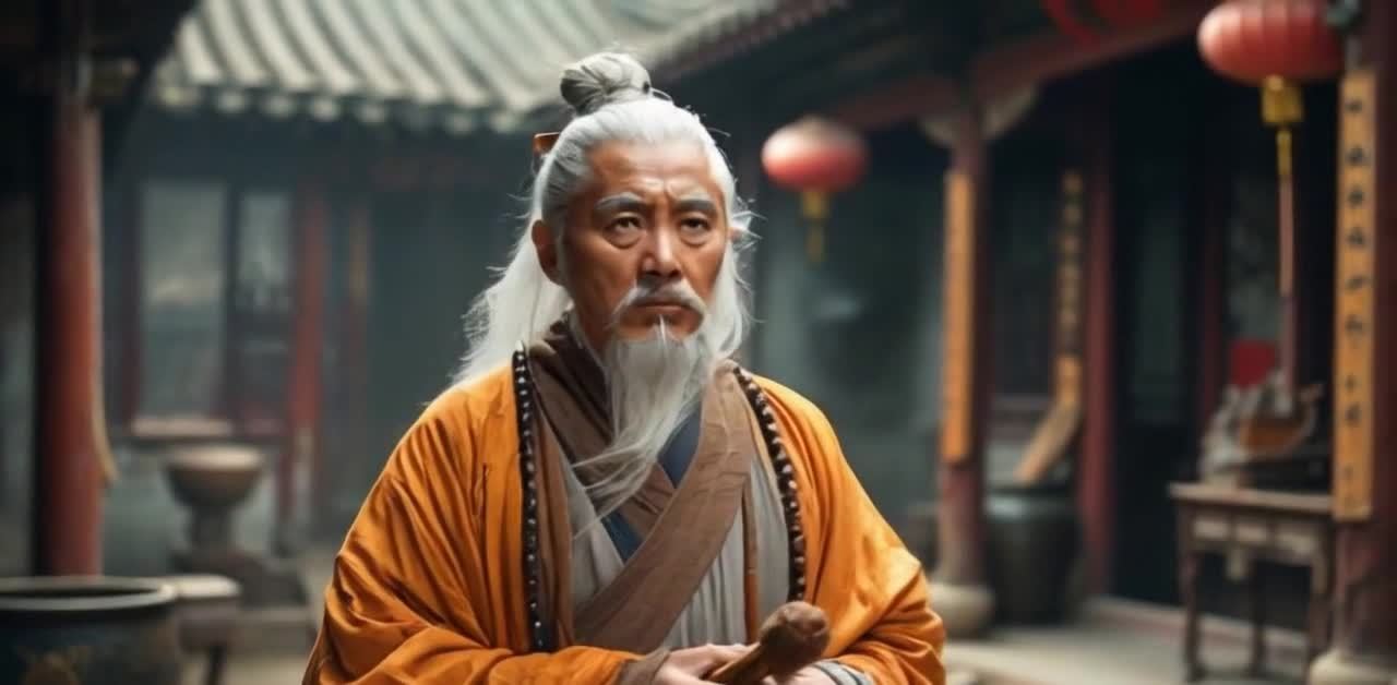 古典建筑前手持器物的道士