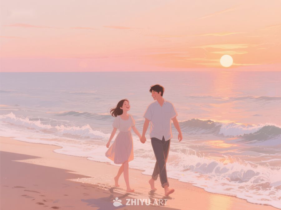 海滩日落下的情侣漫步 297