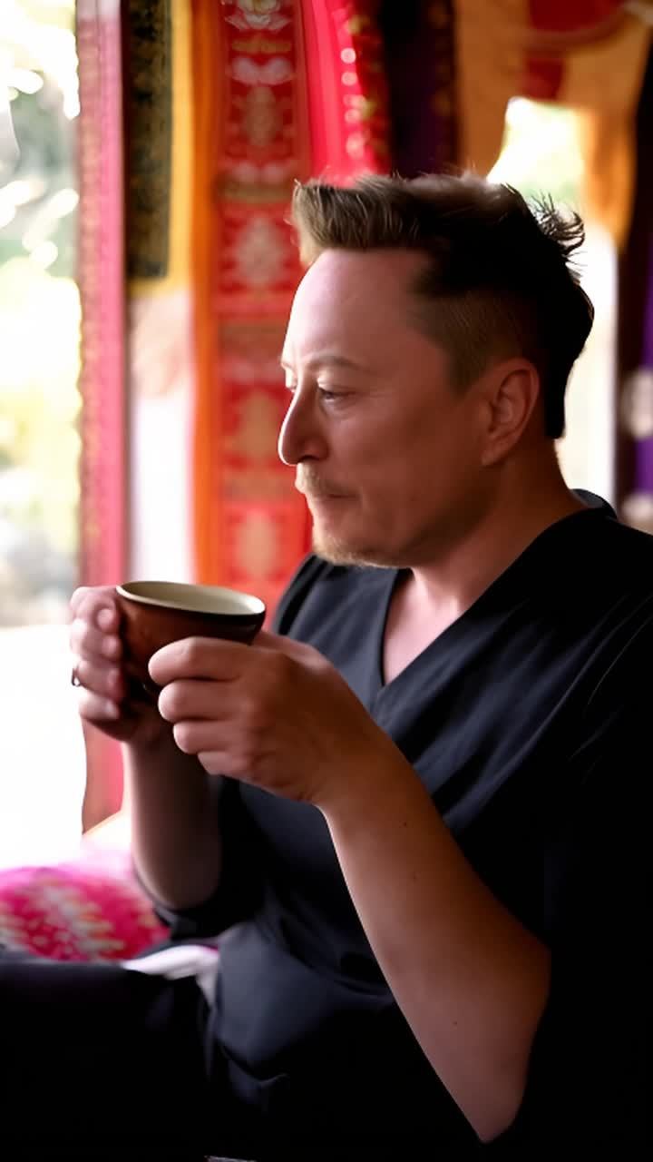一个人坐在一个传统的印度环境中，正端着一个精致的陶
