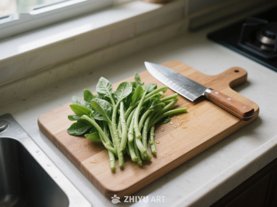 新鲜绿叶蔬菜置于砧板上 462