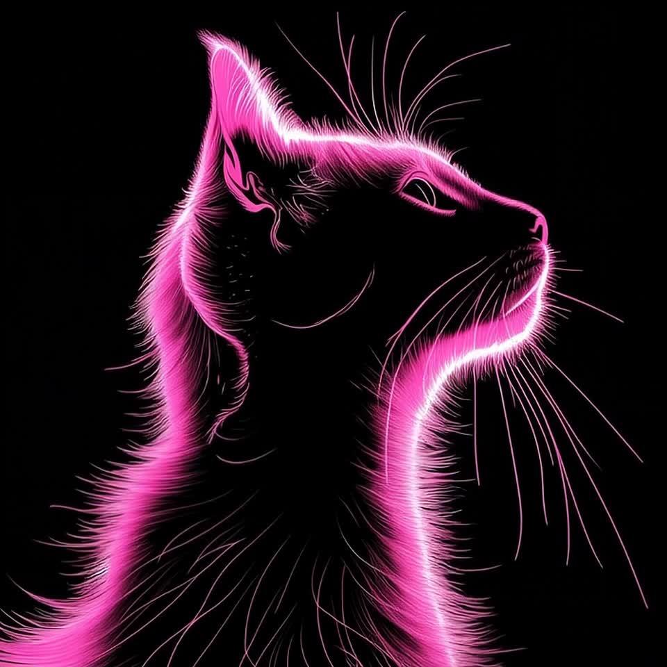一只猫的侧面轮廓，在黑色背景上呈现出粉红色的辉光线