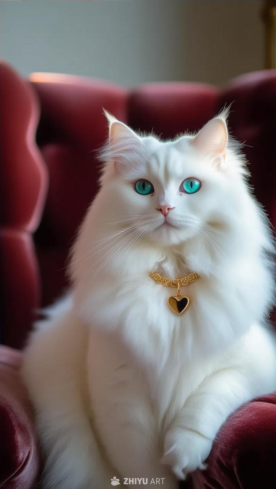 一只全身覆盖着柔软如云朵般白色毛发的猫，优雅地坐在