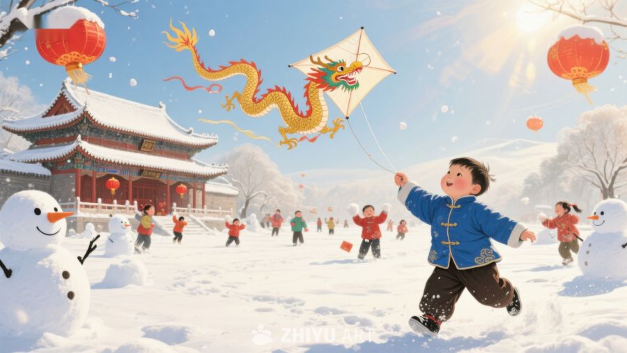 冬日雪地儿童放飞龙形风筝 173