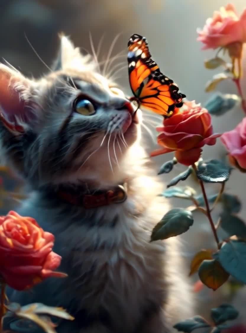 猫咪凝视蝴蝶，玫瑰花簇拥，唯美瞬间。