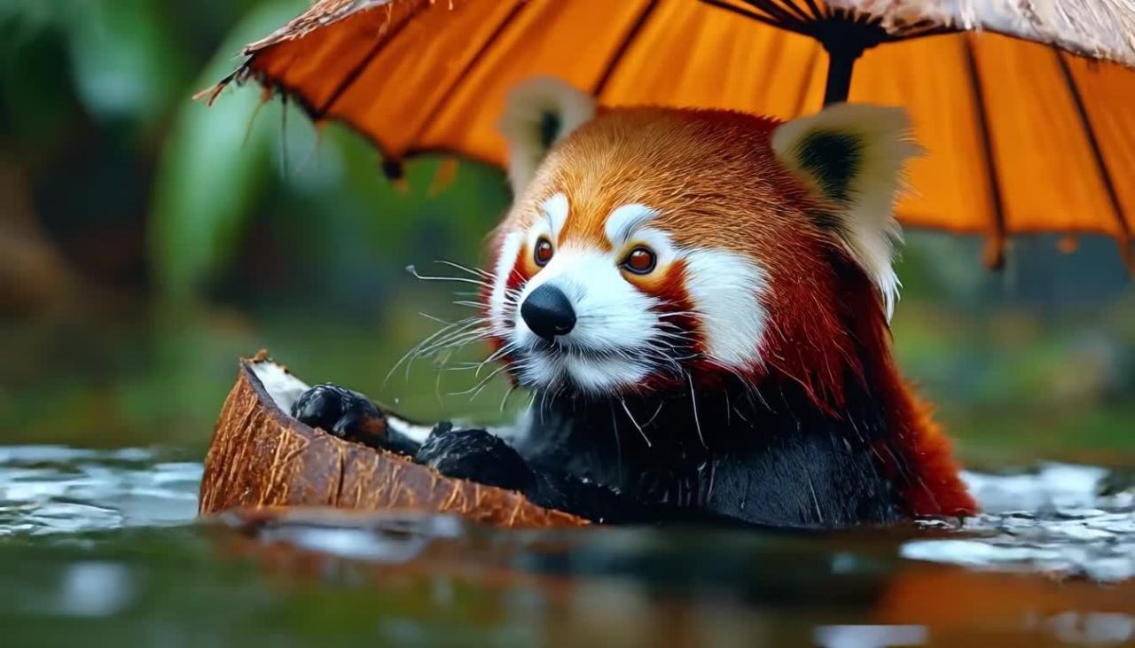 一只小熊猫在椰子壳里，头顶撑着一把橙色的伞，周围是