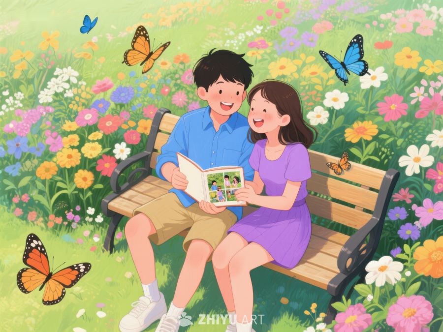 花园中阅读的年轻情侣 379