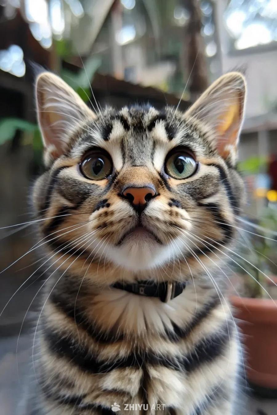 一只虎斑猫，戴着黑色项圈，正对着镜头。猫咪有着绿色